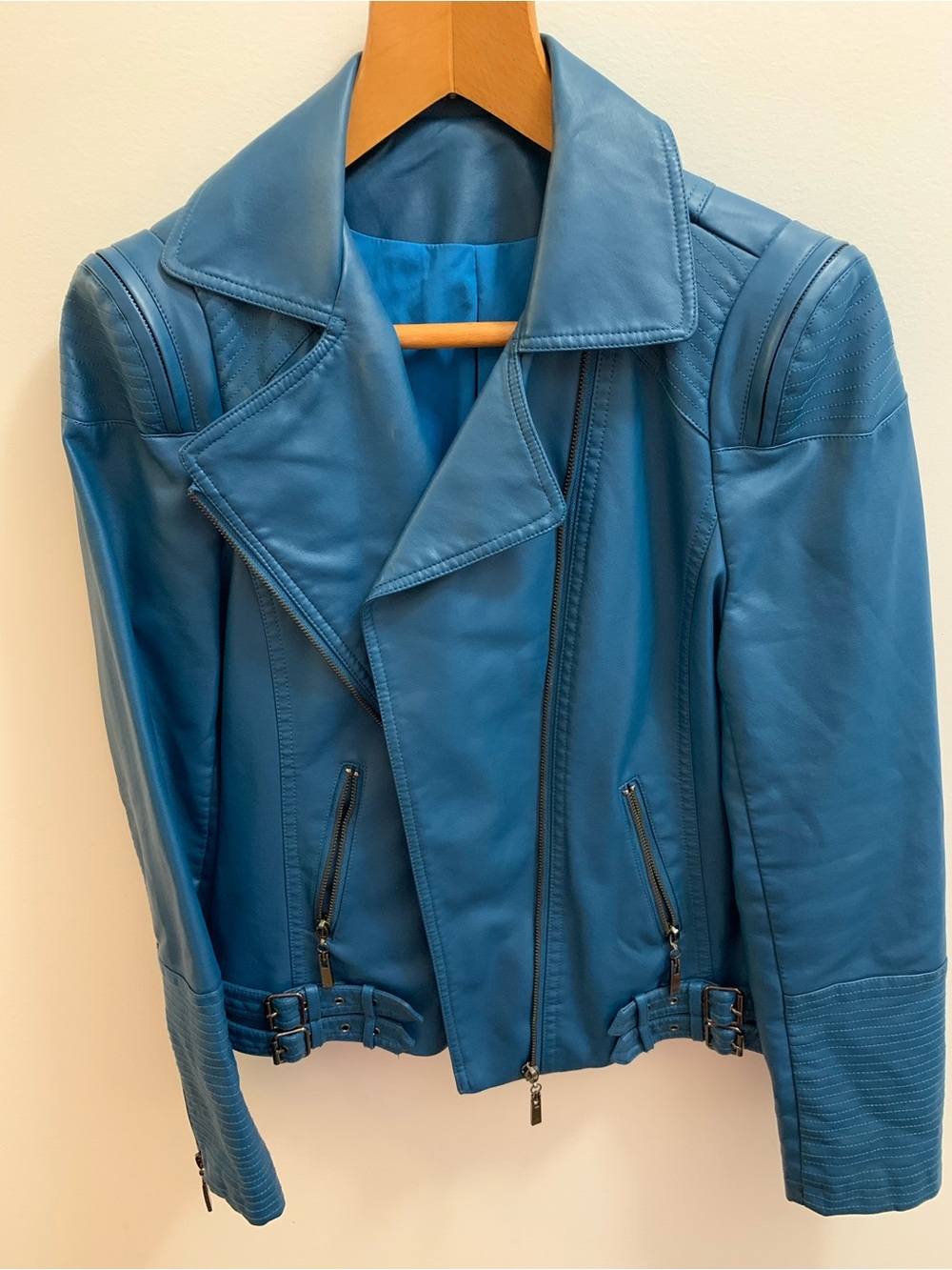 Blue Faux Leather Moto Jacket - Women